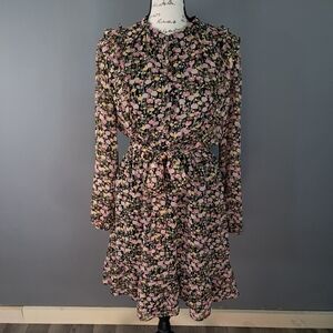 Lauren Conrad Button Front Ruffled Mini Dress Black Multicolor Floral Size Large